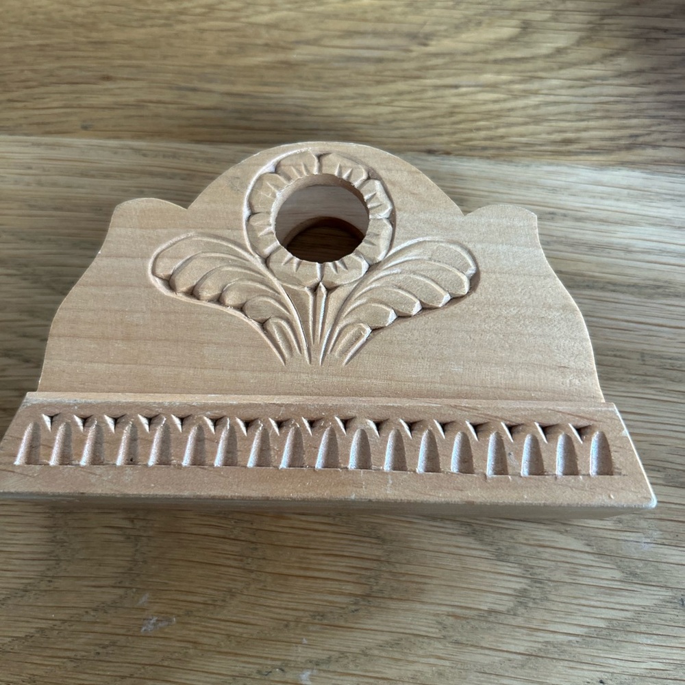 Hand carved wood Floral motif letter / napkin holder, artist signed